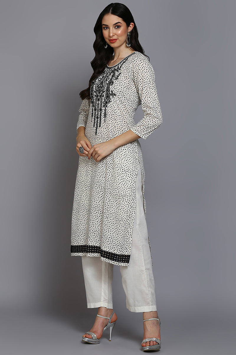 Off White Cotton Bandhani Straight Suit Set  | SHOBITAM