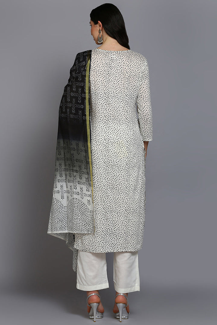 Off White Cotton Bandhani Straight Suit Set  | SHOBITAM
