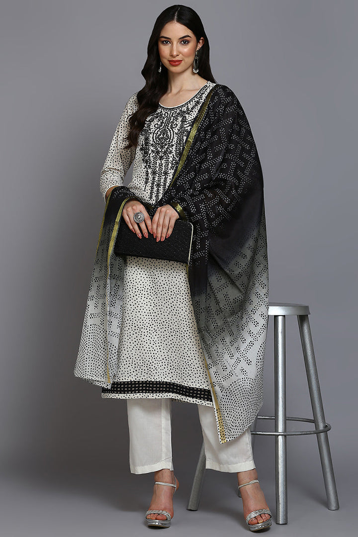 Off White Cotton Bandhani Straight Suit Set  | SHOBITAM