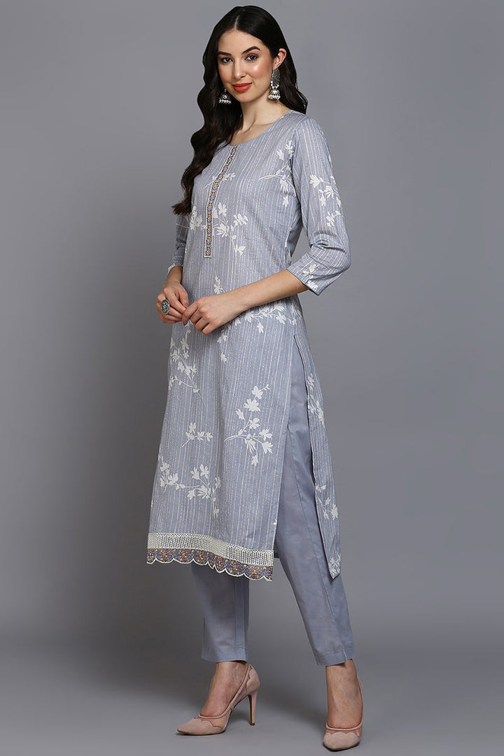 Grey Cotton Blend Floral Straight Suit Set | SHOBITAM