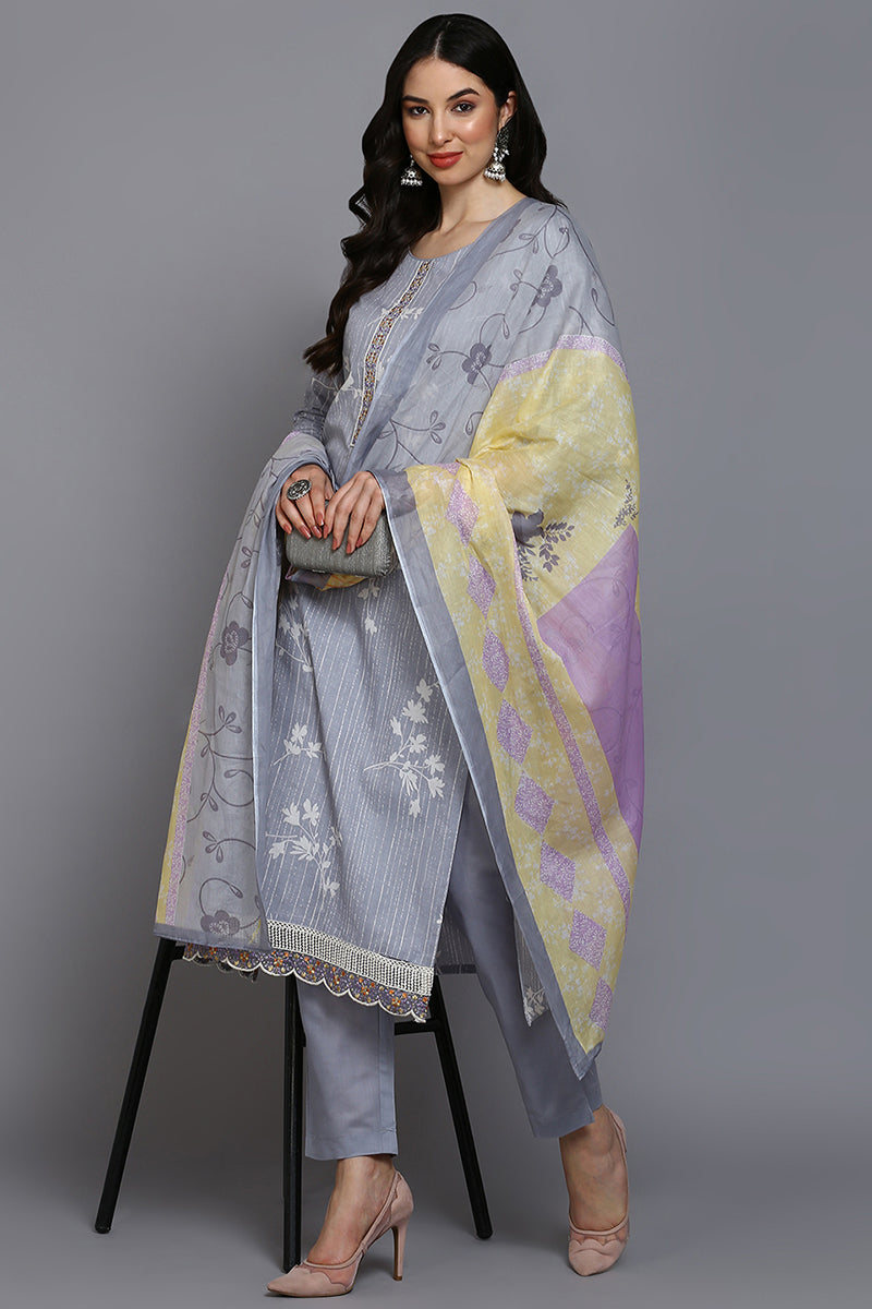 Grey Cotton Blend Floral Straight Suit Set | SHOBITAM