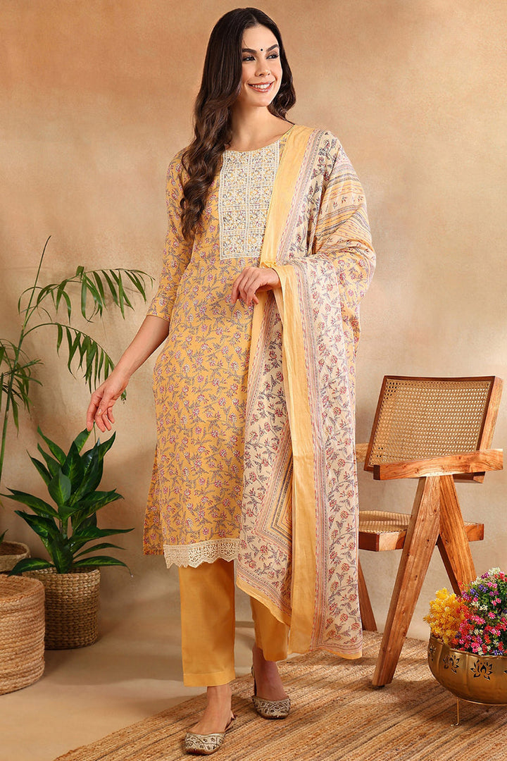 Cotton Blend Peach Printed Straight Kurta Pant With Dupatta | SHOBITAM