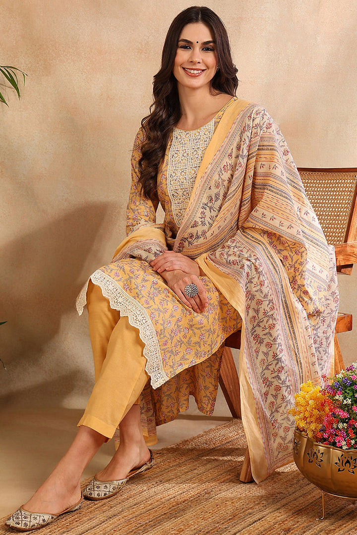Cotton Blend Peach Printed Straight Kurta Pant With Dupatta | SHOBITAM