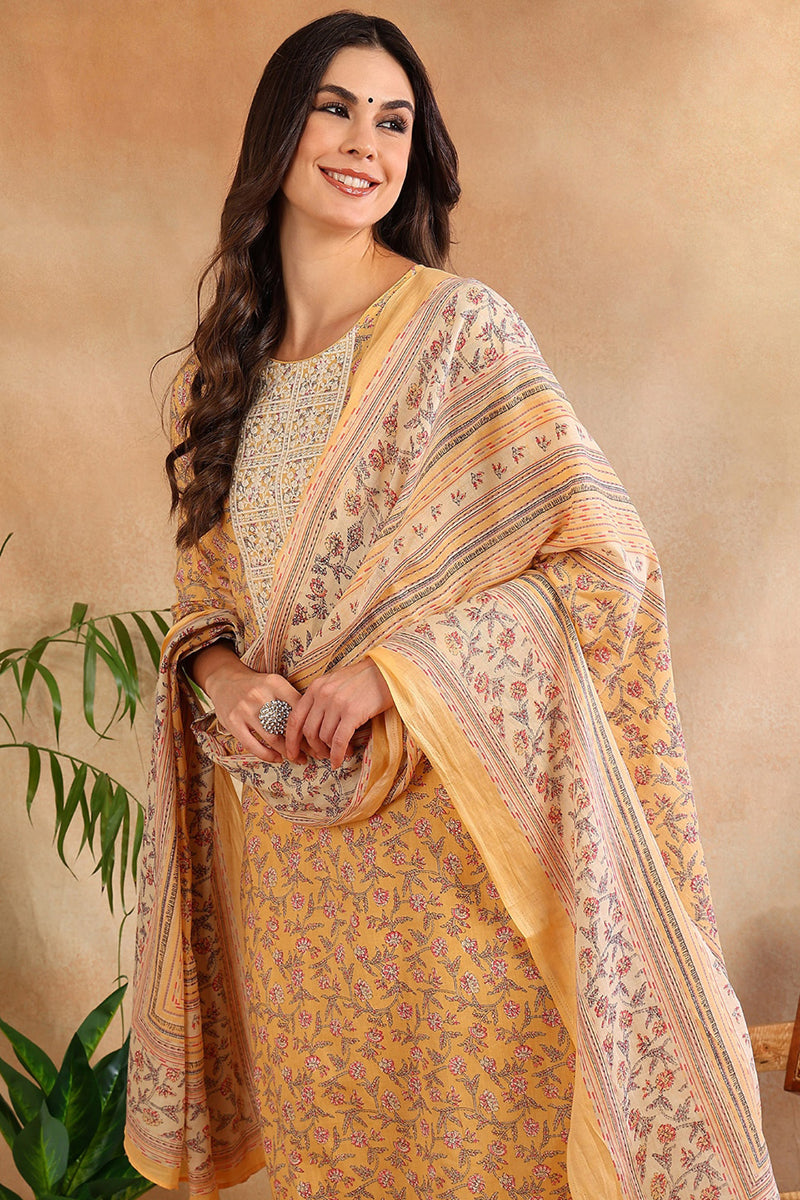 Cotton Blend Peach Printed Straight Kurta Pant With Dupatta | SHOBITAM