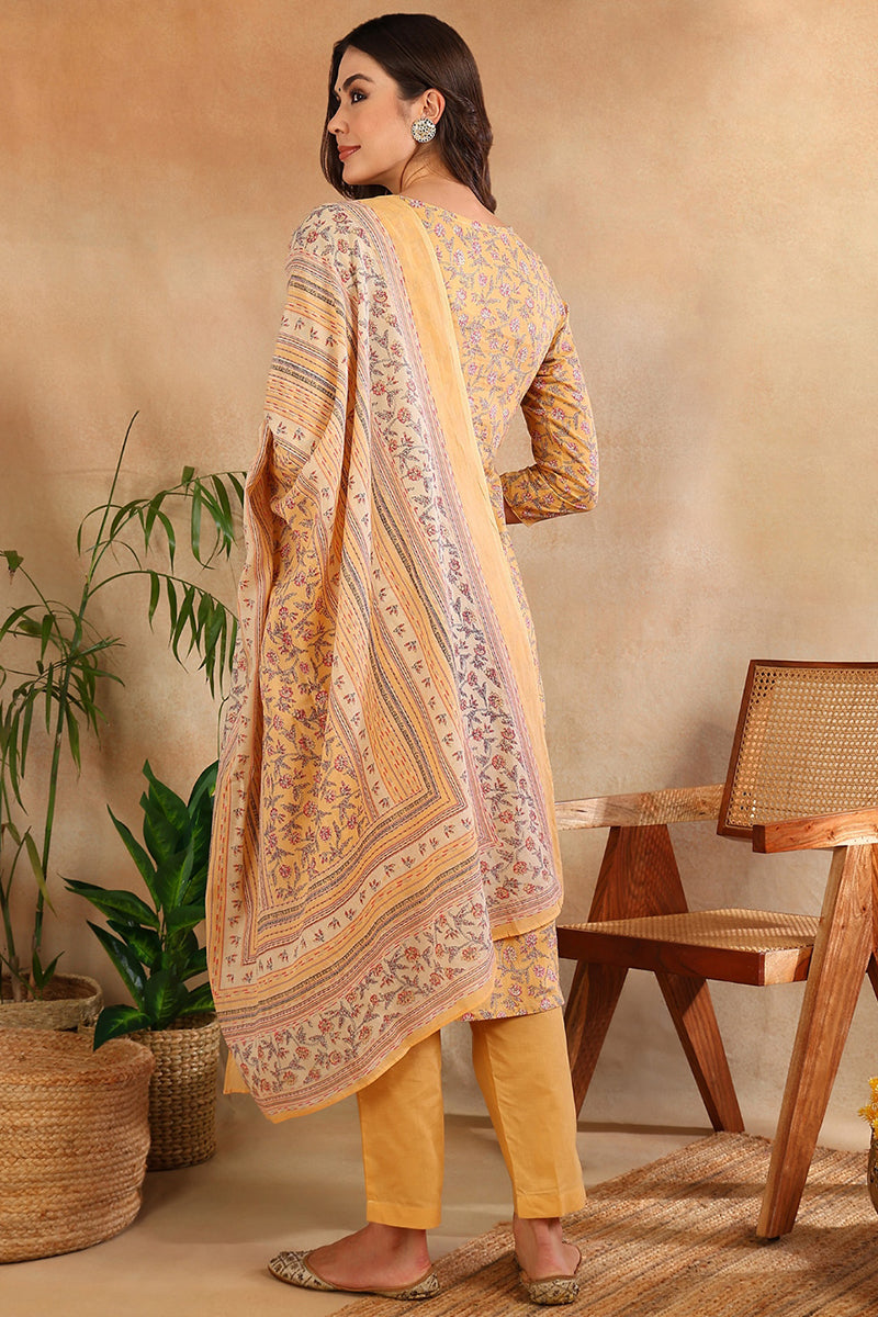 Cotton Blend Peach Printed Straight Kurta Pant With Dupatta | SHOBITAM
