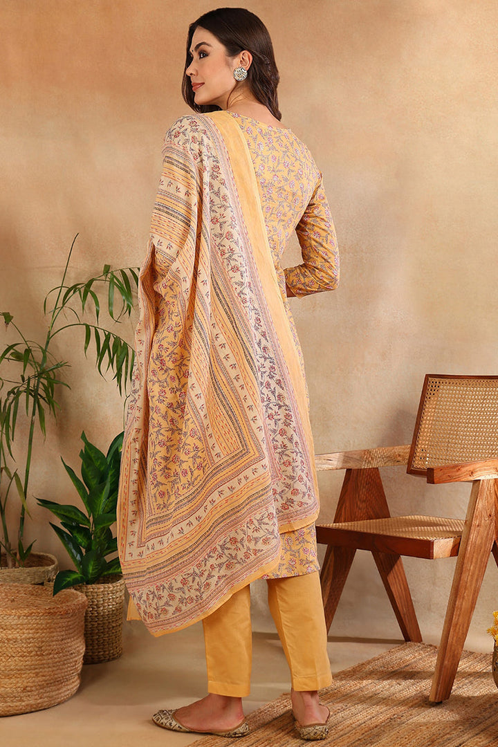 Cotton Blend Peach Printed Straight Kurta Pant With Dupatta | SHOBITAM