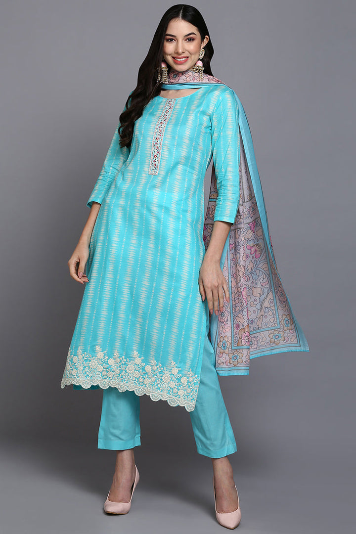 Rayon Turquoise Blue Printed Rayon Straight Kurta Pant With Dupatta  | SHOBITAM