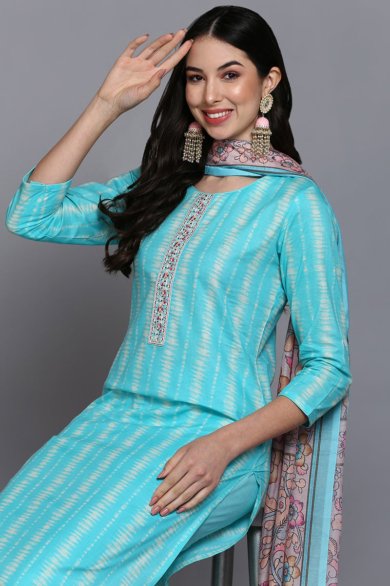 Rayon Turquoise Blue Printed Rayon Straight Kurta Pant With Dupatta  | SHOBITAM