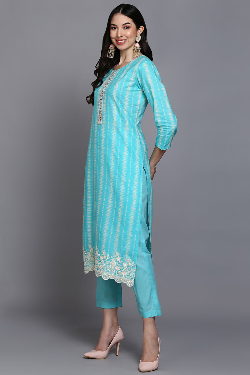 Rayon Turquoise Blue Printed Rayon Straight Kurta Pant With Dupatta  | SHOBITAM