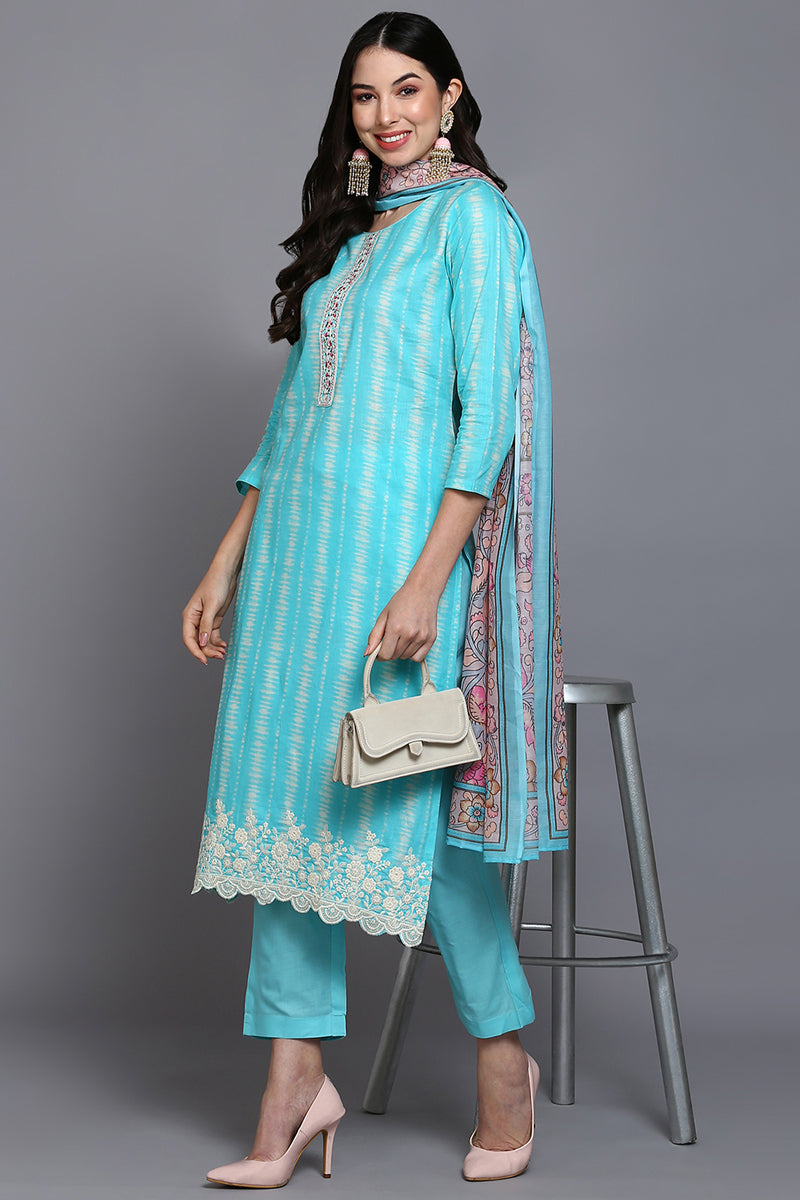 Rayon Turquoise Blue Printed Rayon Straight Kurta Pant With Dupatta  | SHOBITAM