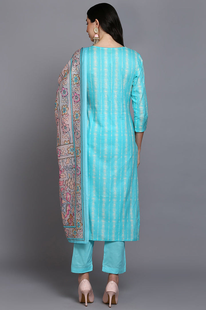 Rayon Turquoise Blue Printed Rayon Straight Kurta Pant With Dupatta  | SHOBITAM