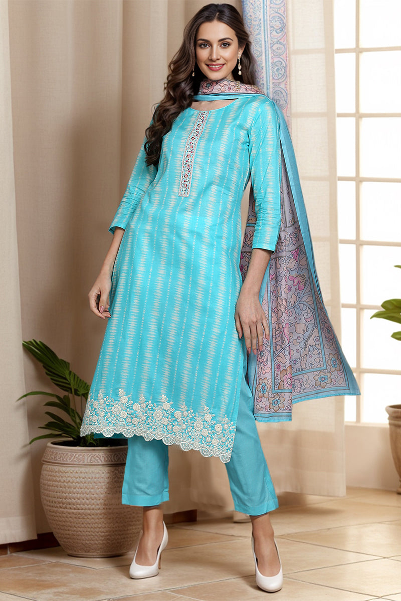 Rayon Turquoise Blue Printed Rayon Straight Kurta Pant With Dupatta  | SHOBITAM