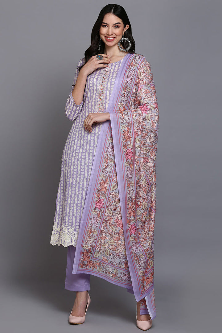 Rayon Lavender Printed Straight Kurta Pant With Dupatta | SHOBITAM