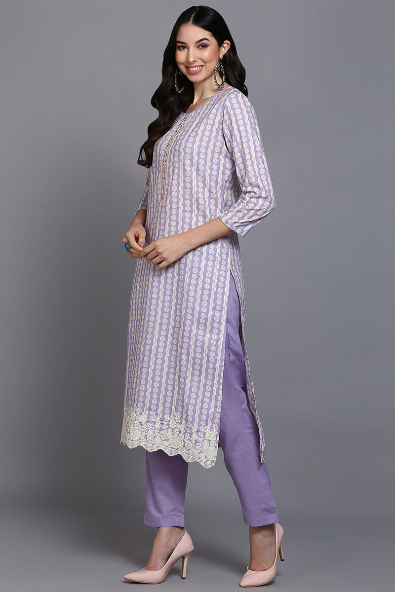 Rayon Lavender Printed Straight Kurta Pant With Dupatta | SHOBITAM
