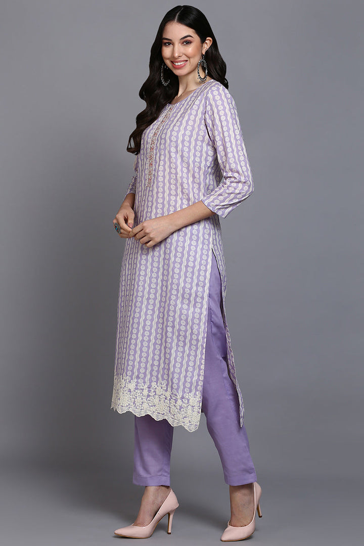 Rayon Lavender Printed Straight Kurta Pant With Dupatta | SHOBITAM