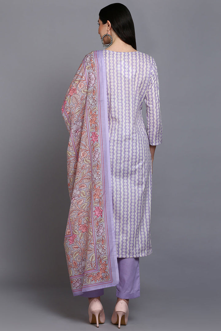Rayon Lavender Printed Straight Kurta Pant With Dupatta | SHOBITAM
