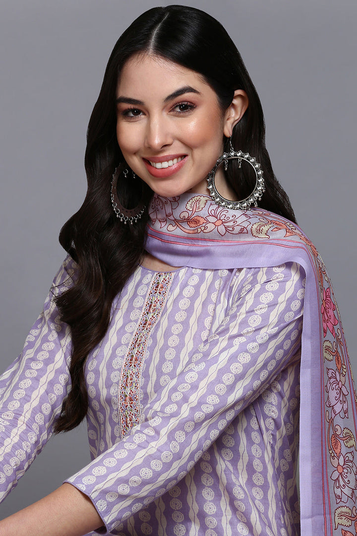 Rayon Lavender Printed Straight Kurta Pant With Dupatta | SHOBITAM
