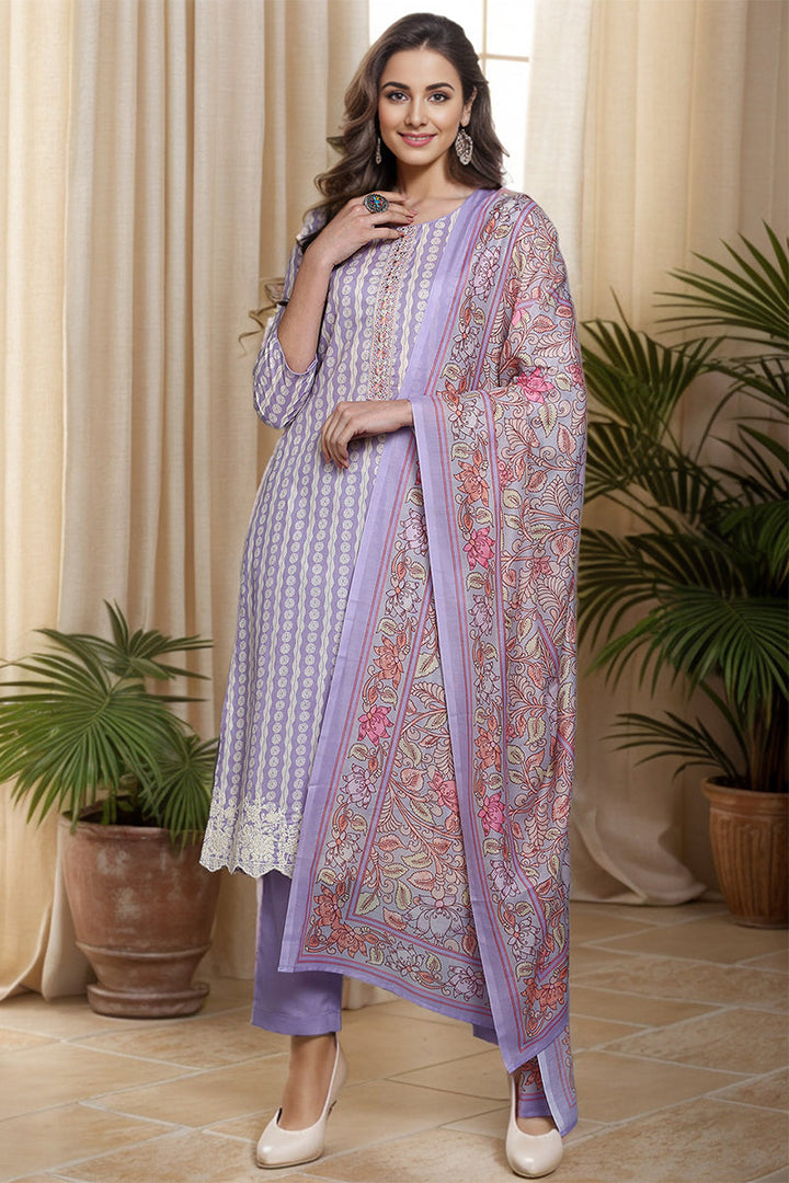 Rayon Lavender Printed Straight Kurta Pant With Dupatta | SHOBITAM