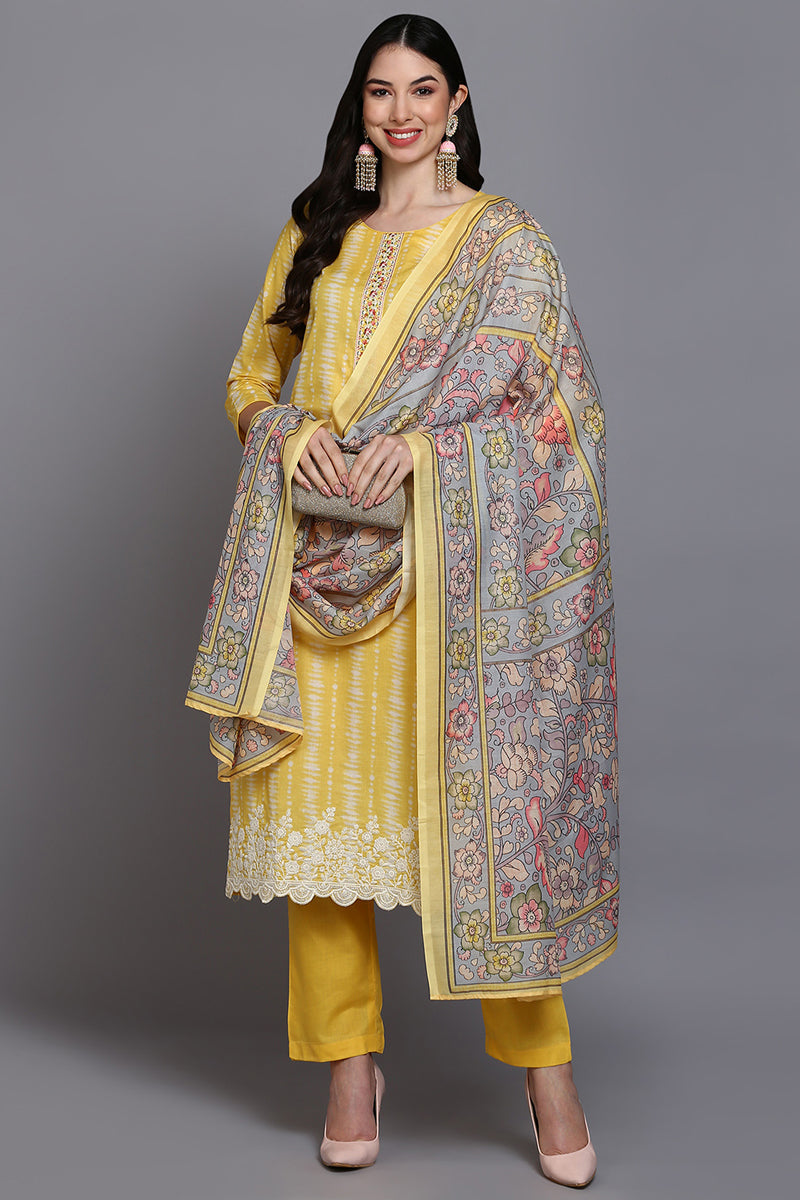 Rayon Yellow Printed Straight Kurta Pant With Dupatta   | SHOBITAM