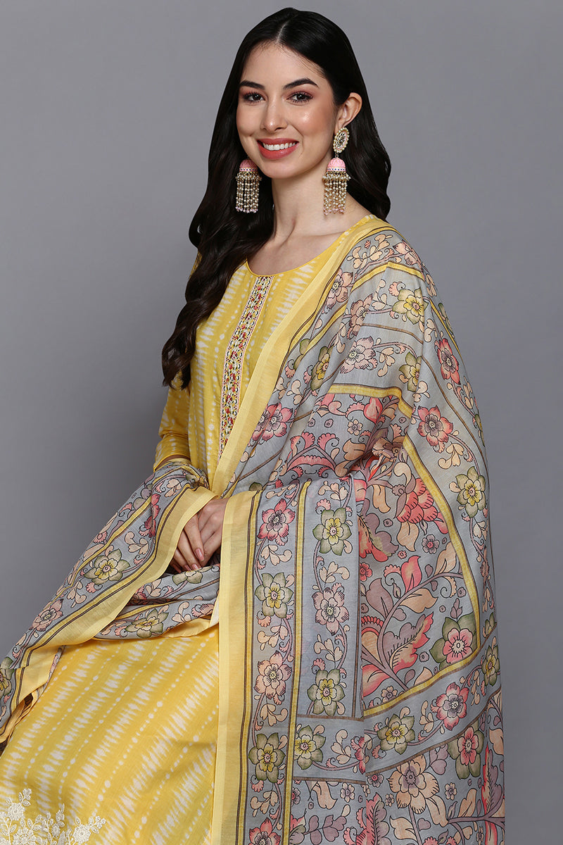 Rayon Yellow Printed Straight Kurta Pant With Dupatta   | SHOBITAM