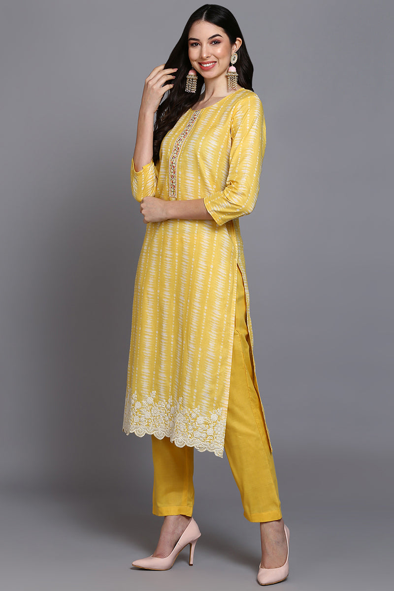 Rayon Yellow Printed Straight Kurta Pant With Dupatta   | SHOBITAM