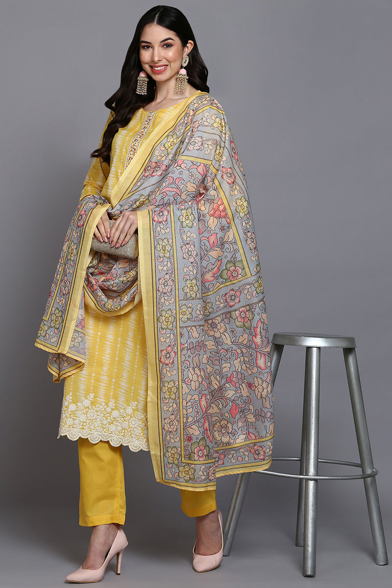 Rayon Yellow Printed Straight Kurta Pant With Dupatta   | SHOBITAM
