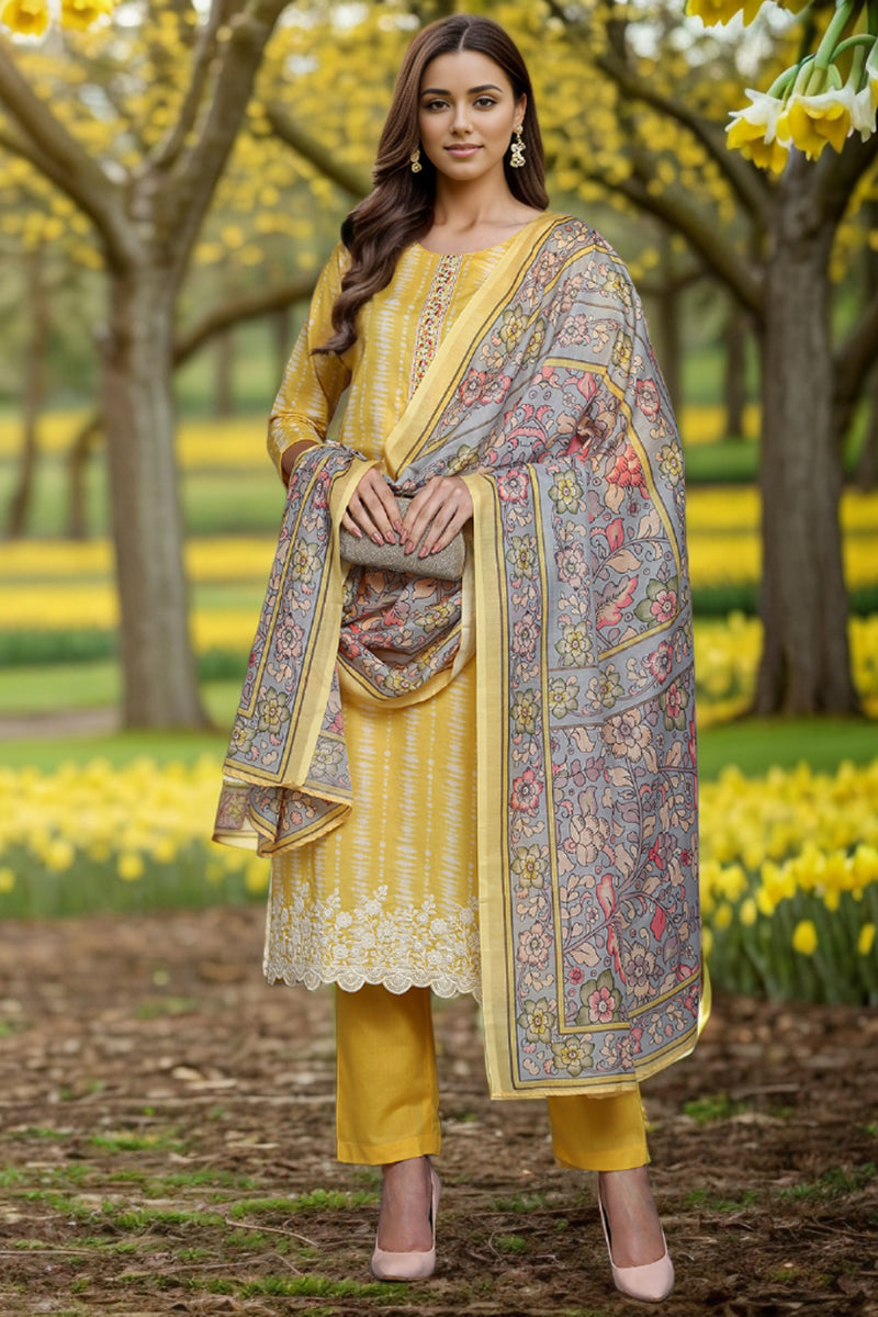 Rayon Yellow Printed Straight Kurta Pant With Dupatta   | SHOBITAM