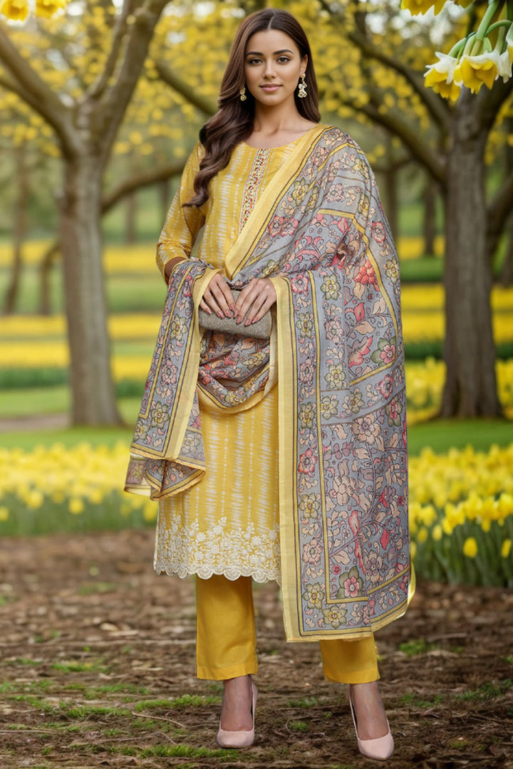 Rayon Yellow Printed Straight Kurta Pant With Dupatta   | SHOBITAM