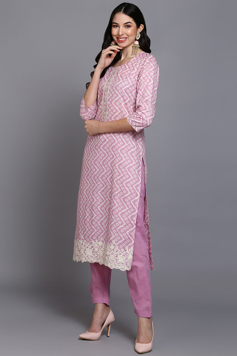 Pink Rayon Blend Printed Suit Set | SHOBITAM