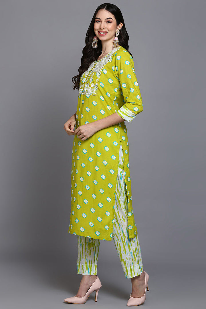 Cotton Green Bandhani Printed Straight Kurta Pant With Dupatta  | SHOBITAM