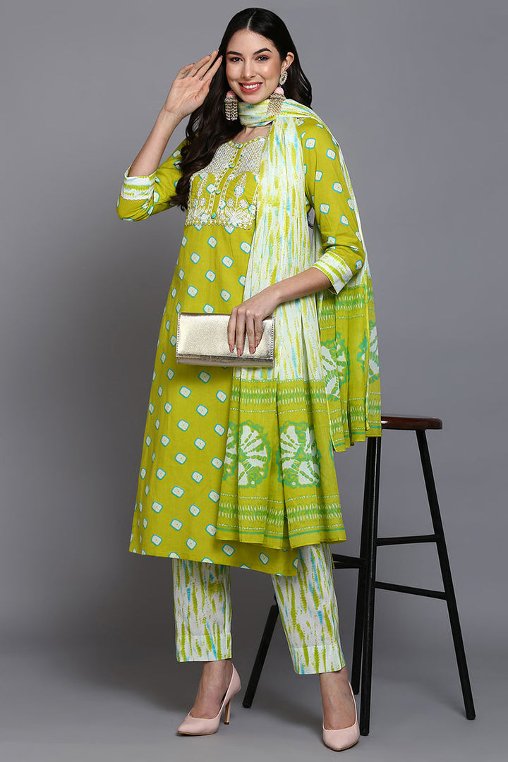 Cotton Green Bandhani Printed Straight Kurta Pant With Dupatta  | SHOBITAM