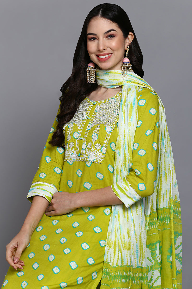 Cotton Green Bandhani Printed Straight Kurta Pant With Dupatta  | SHOBITAM