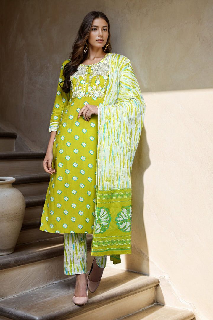 Cotton Green Bandhani Printed Straight Kurta Pant With Dupatta  | SHOBITAM