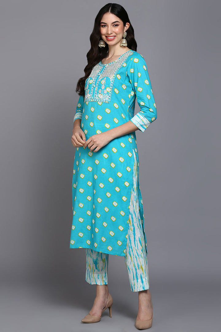 Cotton Blue Bandhani Printed Straight Kurta Pant With Dupatta | SHOBITAM