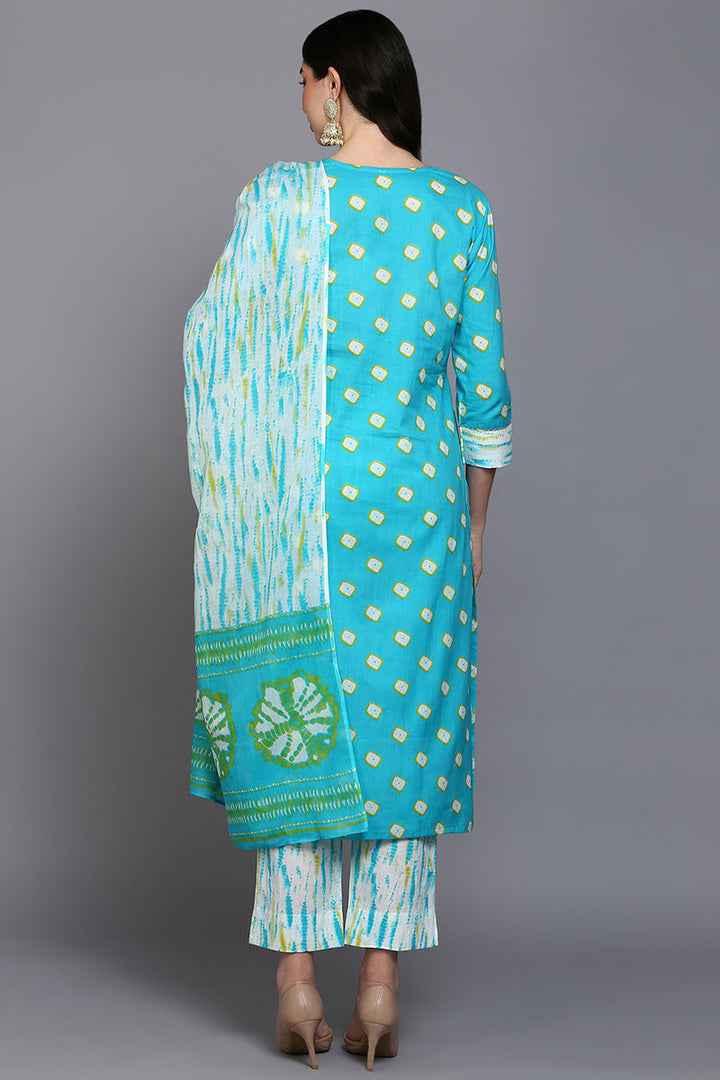 Cotton Blue Bandhani Printed Straight Kurta Pant With Dupatta | SHOBITAM