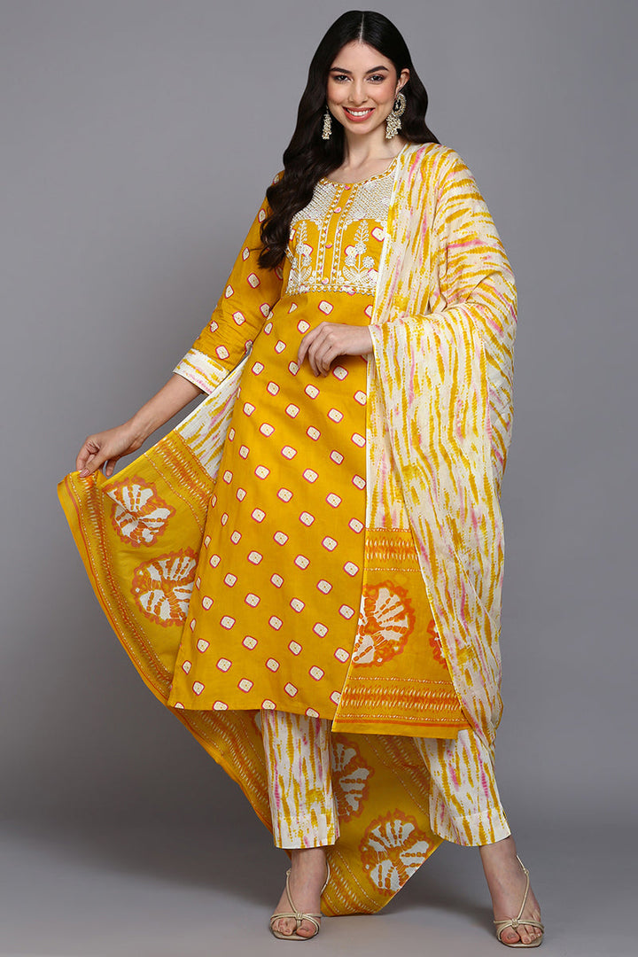 Cotton Yellow Bandhani Printed Straight Kurta Pant With Dupatta  | SHOBITAM