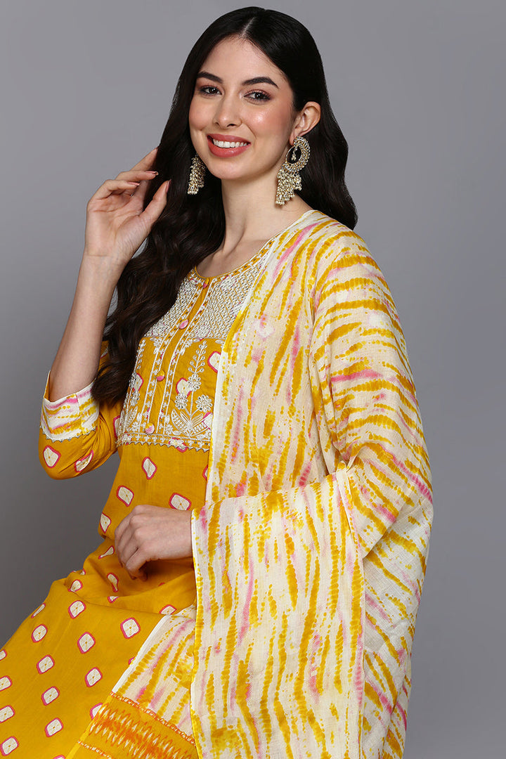 Cotton Yellow Bandhani Printed Straight Kurta Pant With Dupatta  | SHOBITAM