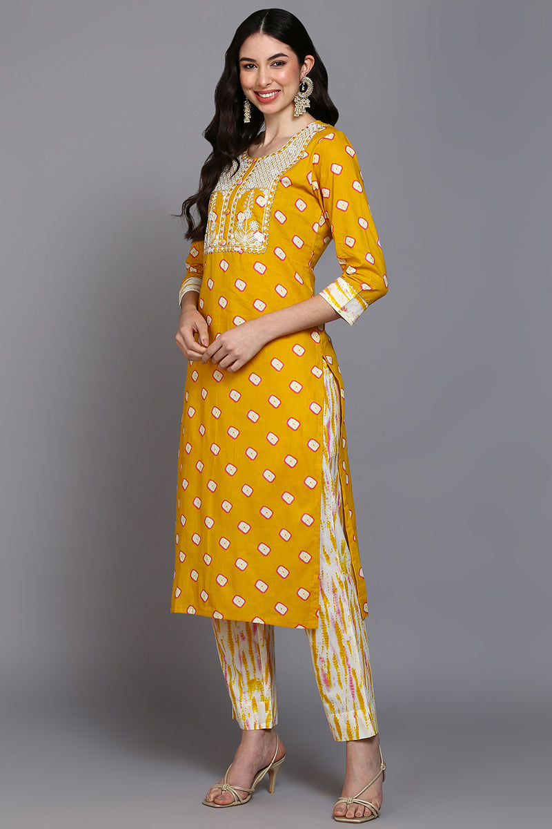 Cotton Yellow Bandhani Printed Straight Kurta Pant With Dupatta  | SHOBITAM
