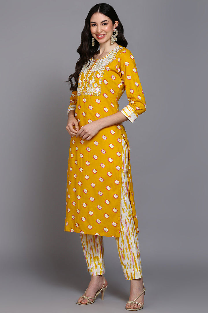 Cotton Yellow Bandhani Printed Straight Kurta Pant With Dupatta  | SHOBITAM