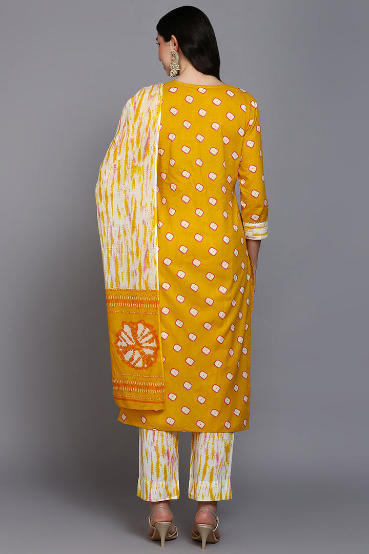 Cotton Yellow Bandhani Printed Straight Kurta Pant With Dupatta  | SHOBITAM