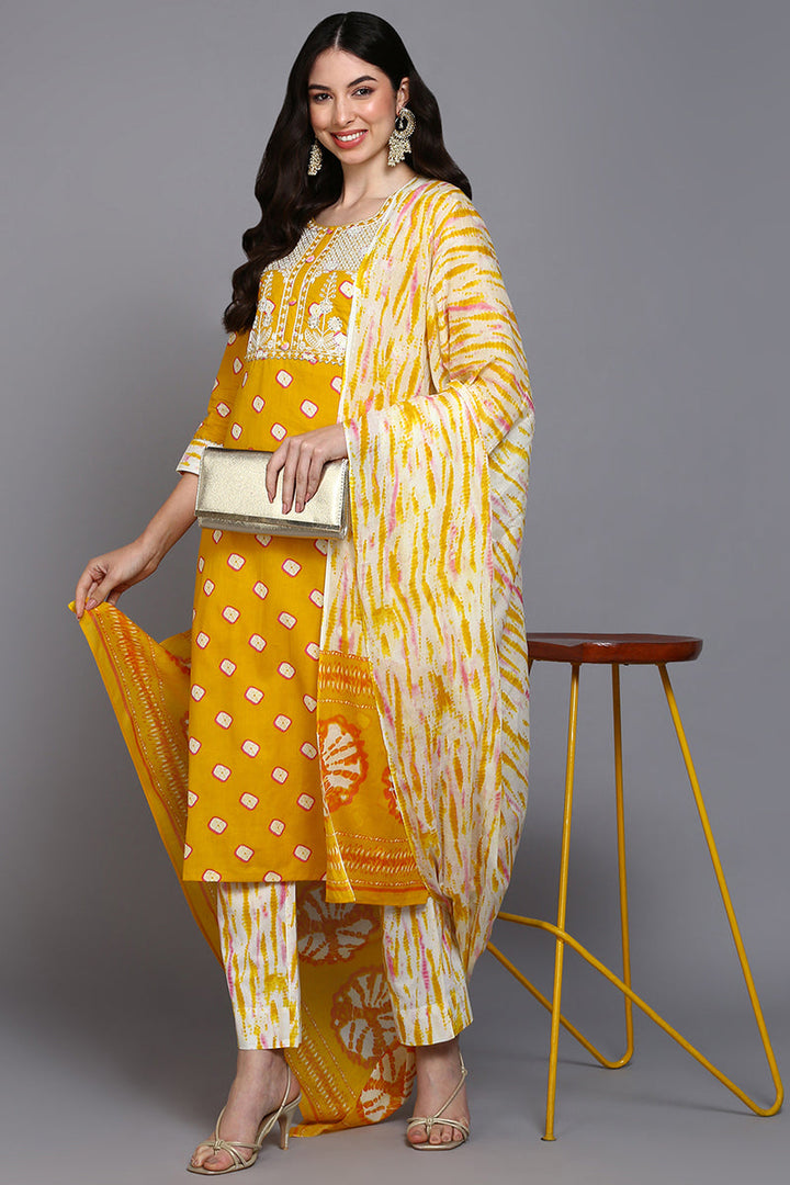 Cotton Yellow Bandhani Printed Straight Kurta Pant With Dupatta  | SHOBITAM