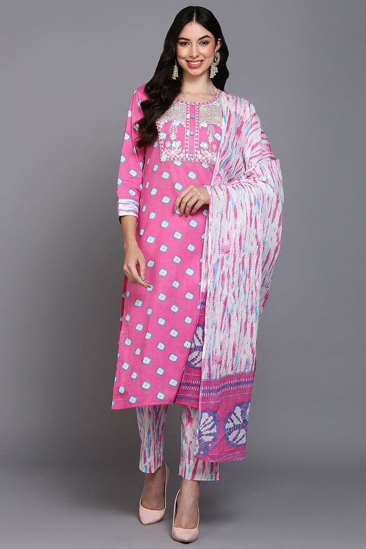 Cotton Pink Bandhani Printed Straight Kurta Pant With Dupatta  | SHOBITAM
