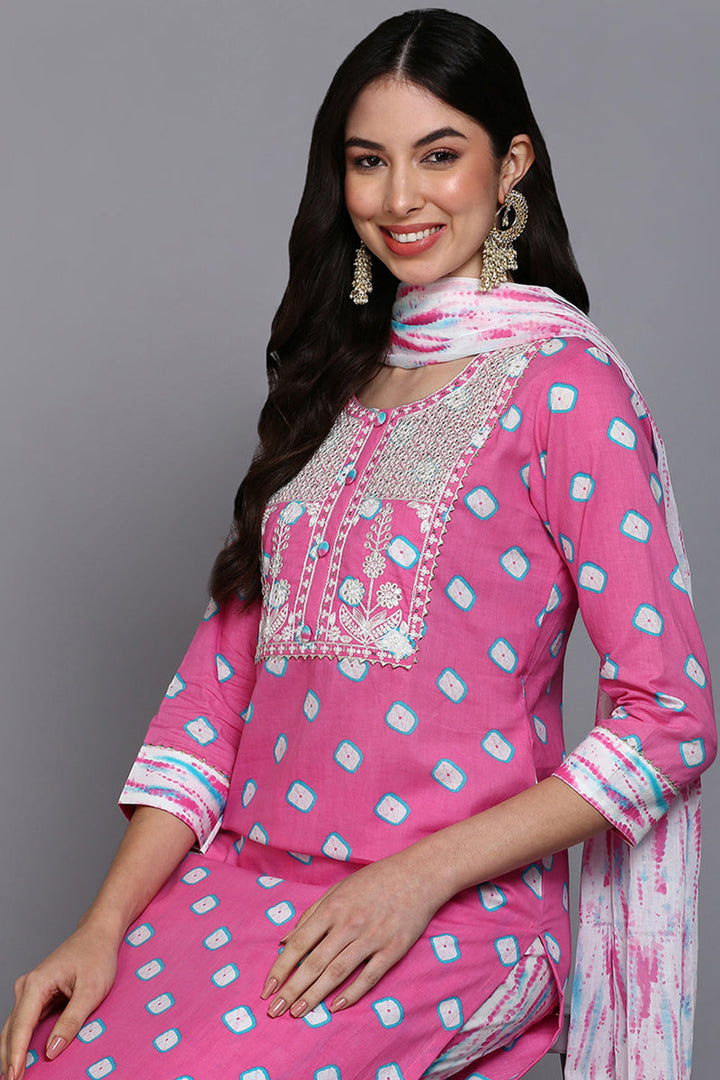 Cotton Pink Bandhani Printed Straight Kurta Pant With Dupatta  | SHOBITAM