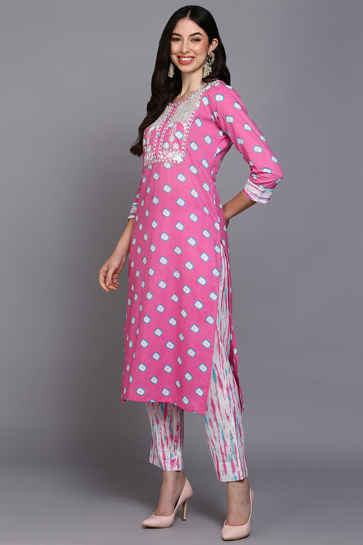 Cotton Pink Bandhani Printed Straight Kurta Pant With Dupatta  | SHOBITAM