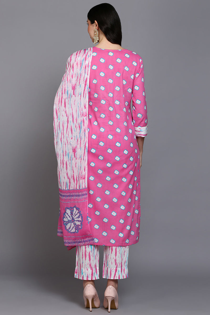Cotton Pink Bandhani Printed Straight Kurta Pant With Dupatta  | SHOBITAM