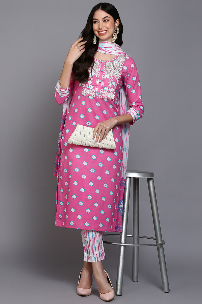 Cotton Pink Bandhani Printed Straight Kurta Pant With Dupatta  | SHOBITAM