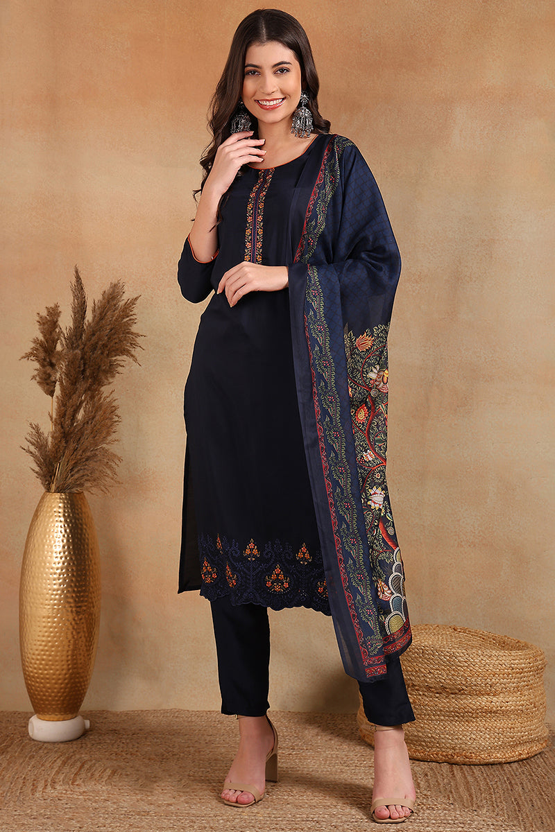 Navy Blue Silk Blend Floral Straight Suit Set  | SHOBITAM