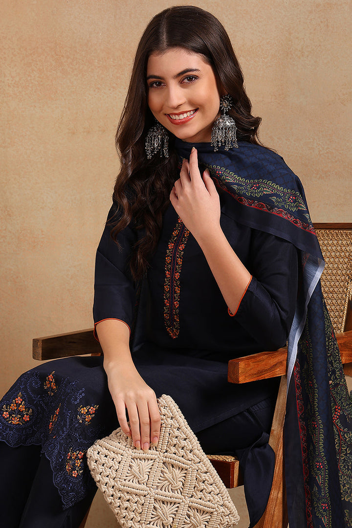 Navy Blue Silk Blend Floral Straight Suit Set  | SHOBITAM