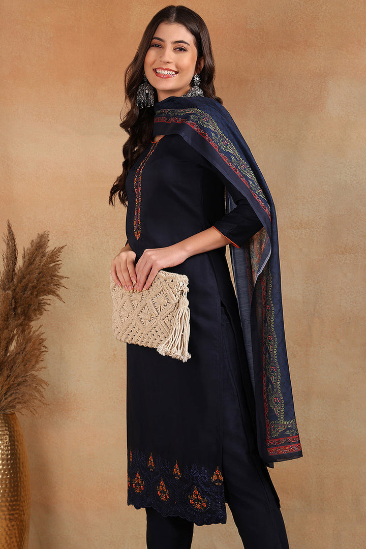 Navy Blue Silk Blend Floral Straight Suit Set  | SHOBITAM