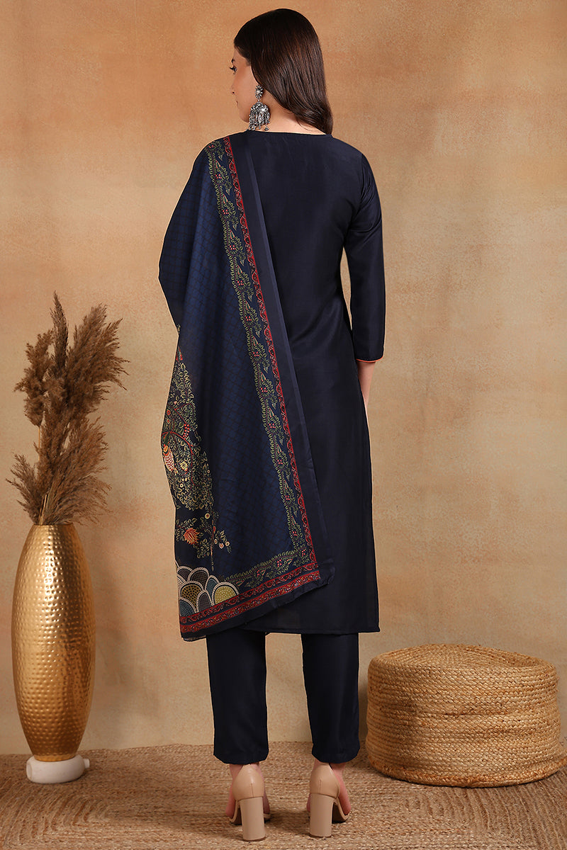 Navy Blue Silk Blend Floral Straight Suit Set  | SHOBITAM